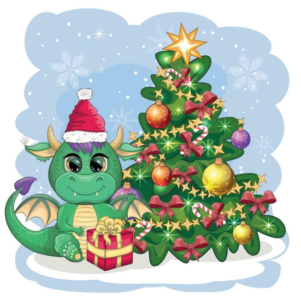 A cute cartoon green dragon in a Santa hat holds a red gift and sits next to the Christmas tree. 2024 new year vector