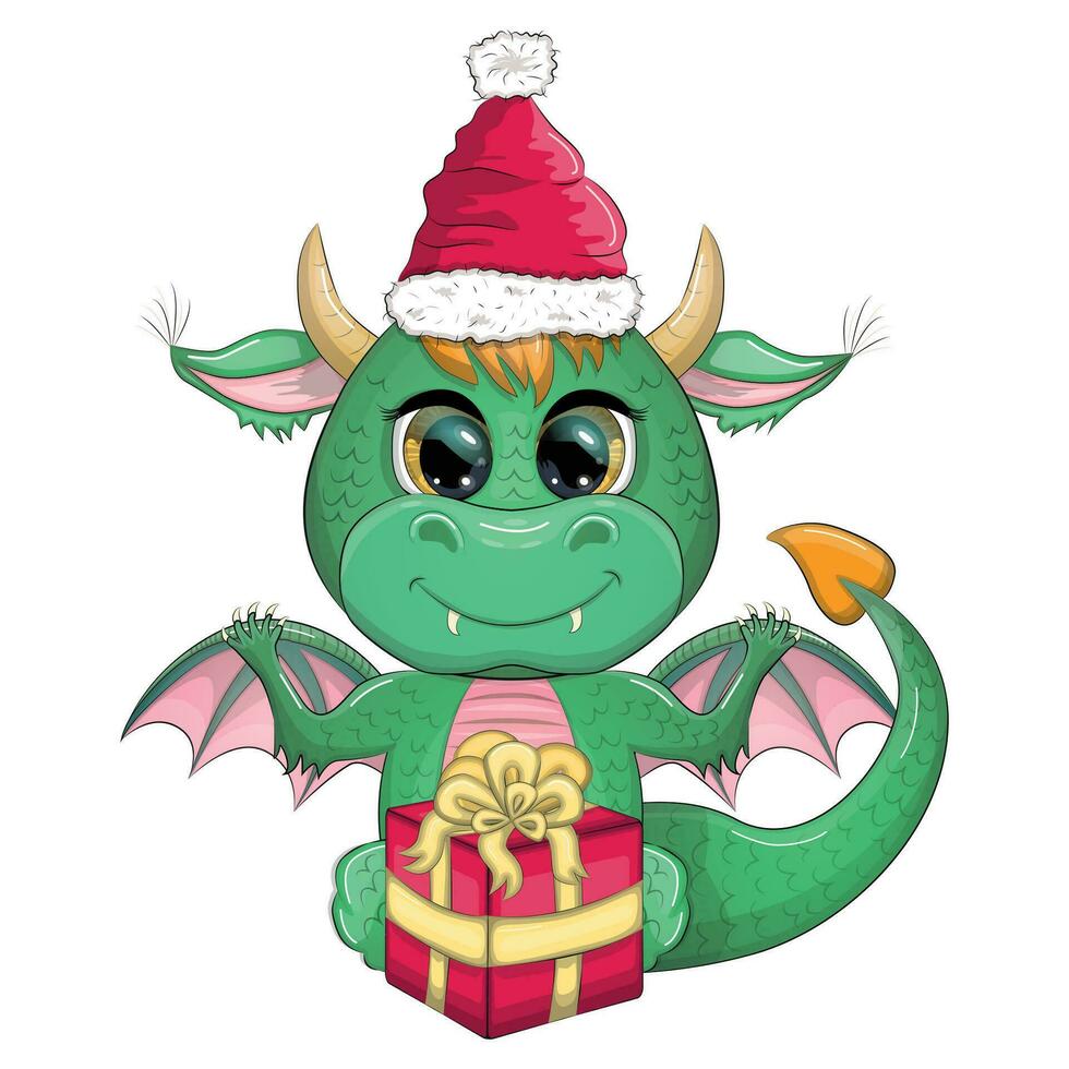 Cute cartoon green dragon in santa hat. 2024 new year, chinese calendar vector