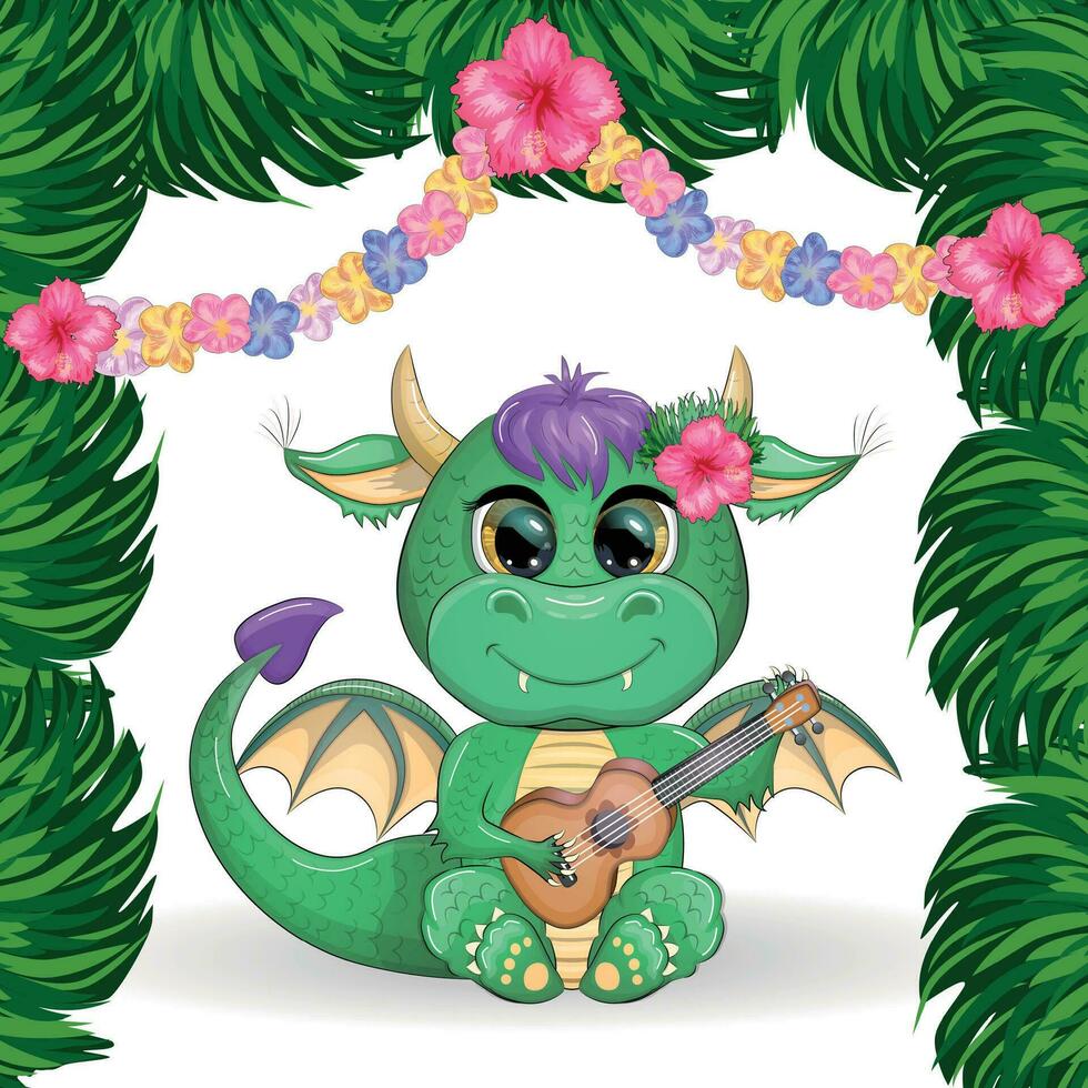 Cute cartoon green baby dragon with ukulele on the beach. Symbol of 2024 according to the Chinese calendar vector