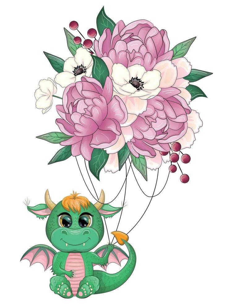 2024 New Year's card template with dragon and flowers vector