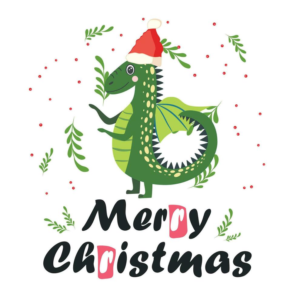 Christmas card with cute green dragon. Year of the Dragon 2024, China vector