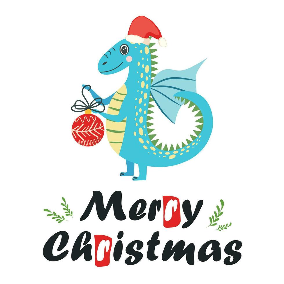 Christmas card with cute green dragon. Year of the Dragon 2024, China vector