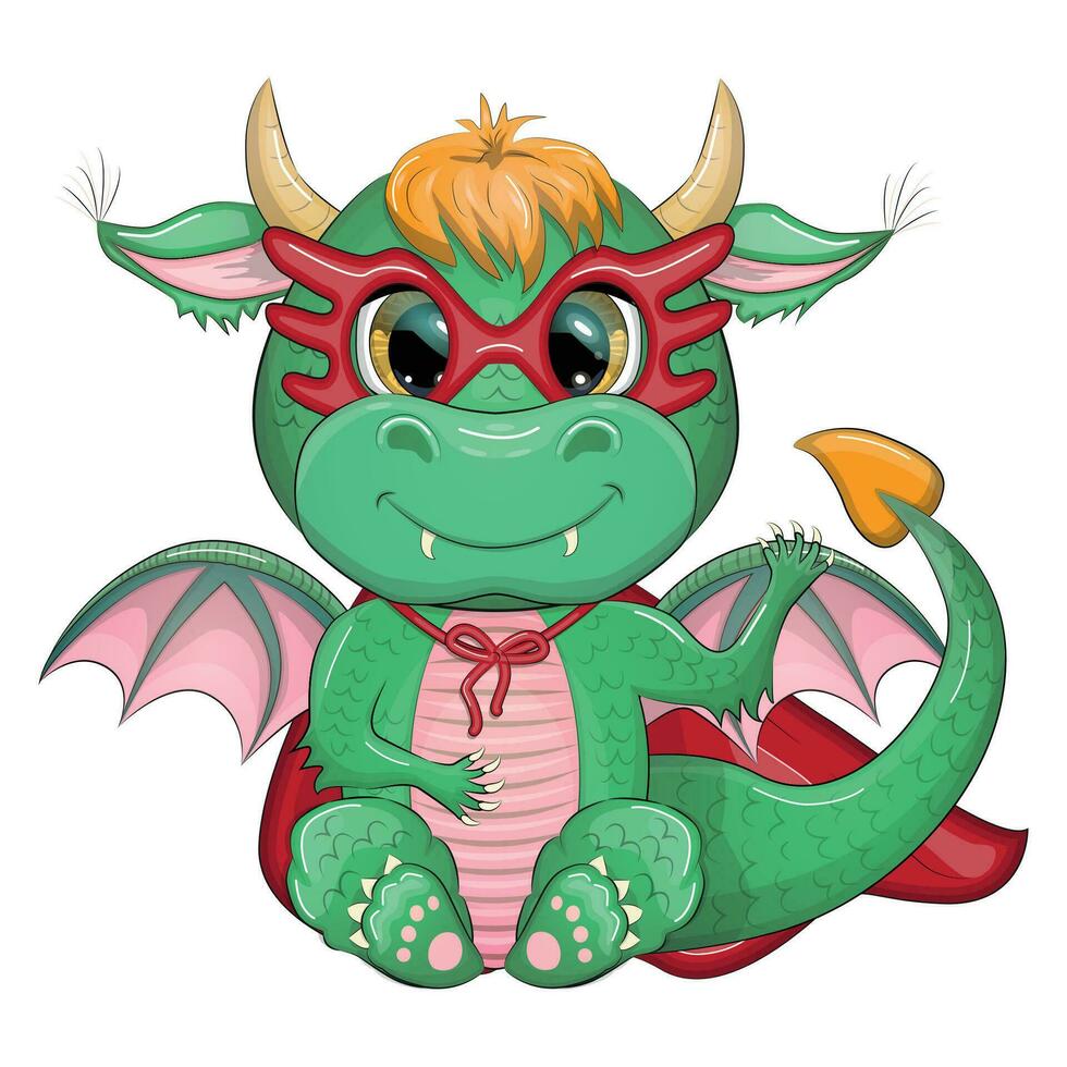 Cute cartoon green baby dragon in a red cape, super hero savior. Symbol of 2024 according to the Chinese calendar vector