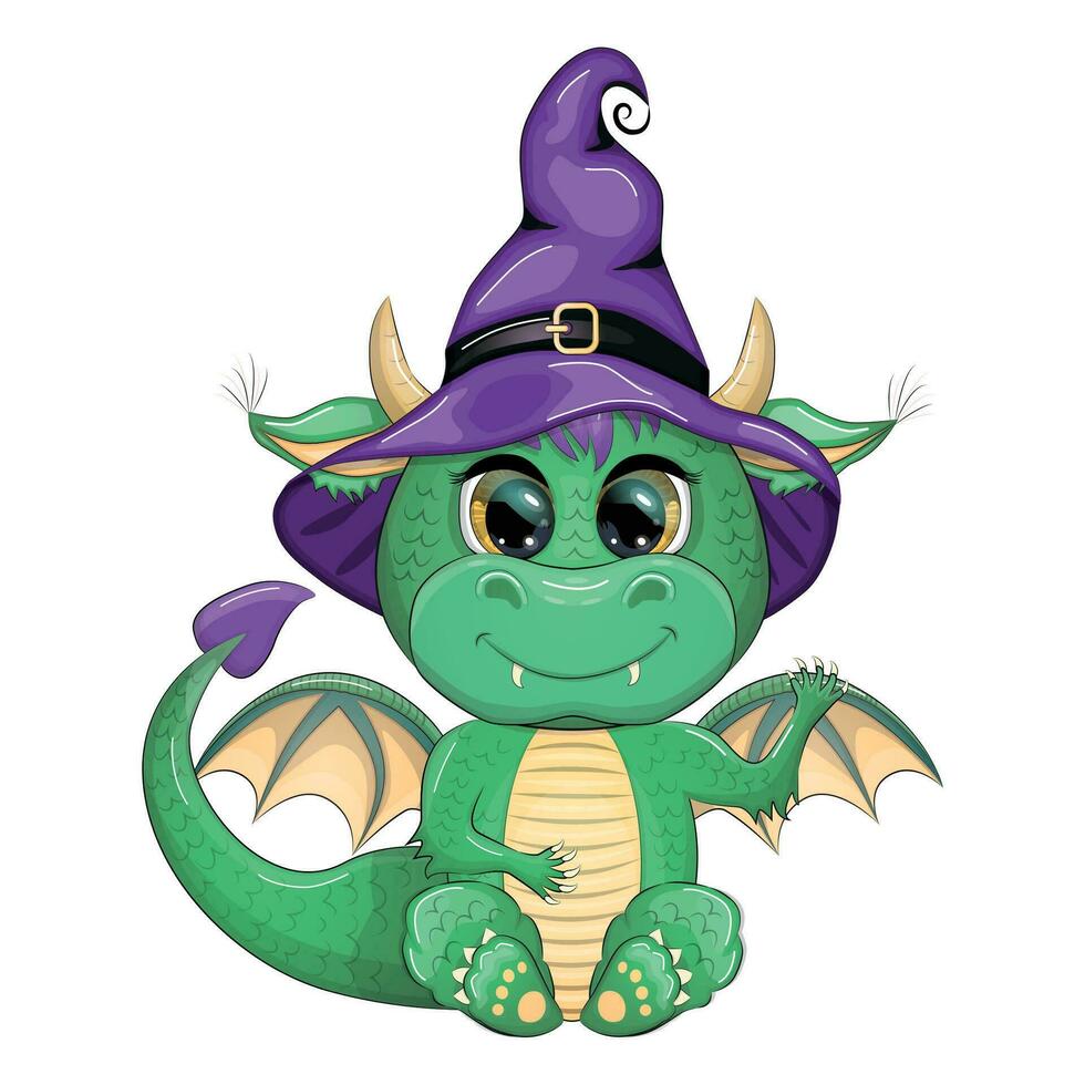 Cute cartoon green dragon in a purple magic hat, Halloween. Symbol of 2024 according to the Chinese calendar vector