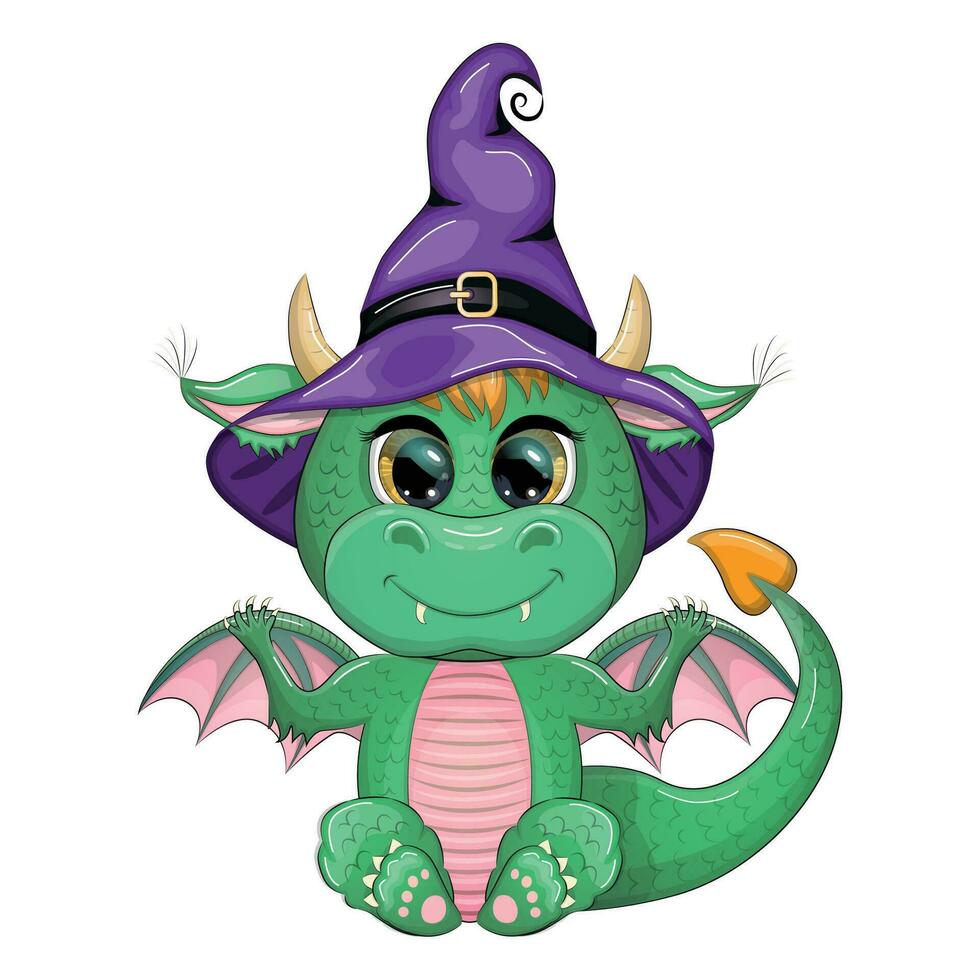 Cute cartoon green dragon in a purple magic hat, Halloween. Symbol of 2024 according to the Chinese calendar vector