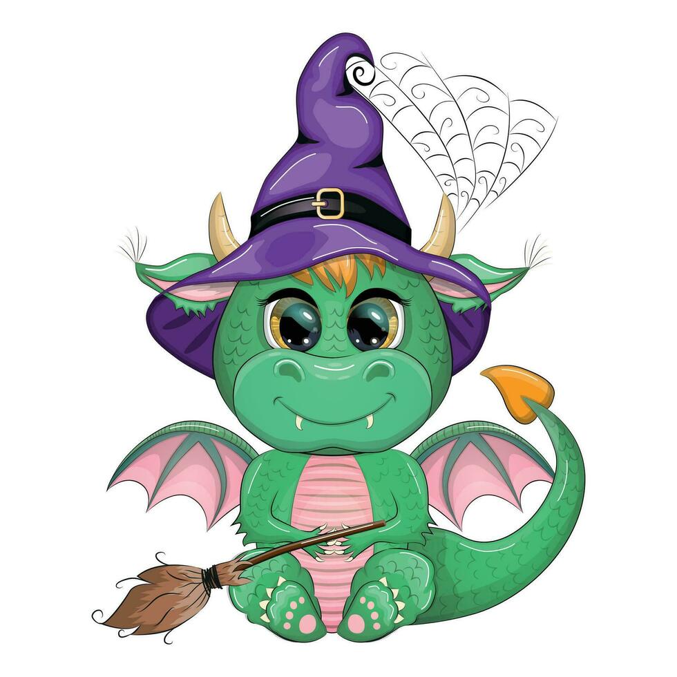 Cute cartoon green dragon in a purple magic hat, Halloween. Symbol of 2024 according to the Chinese calendar vector