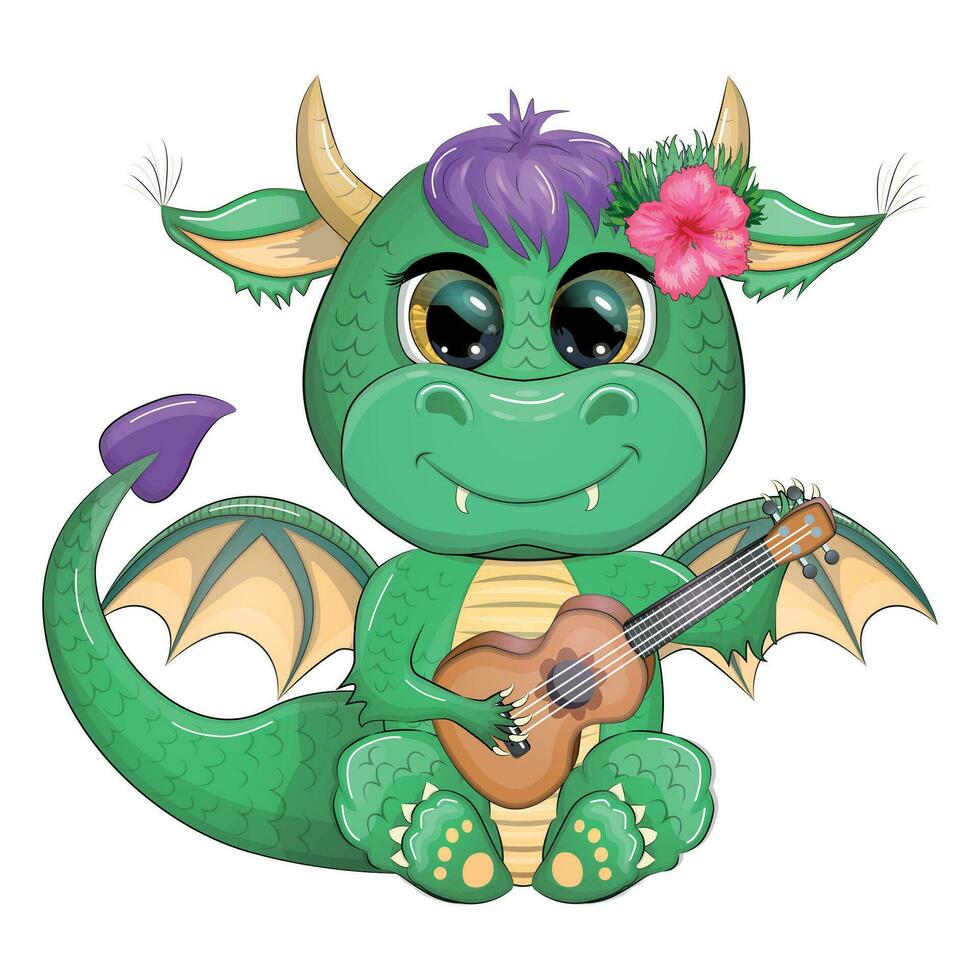 linda dibujos animados verde bebé continuar con ukelele, fiesta bienes parafernales. símbolo de 2024 según a el chino vector