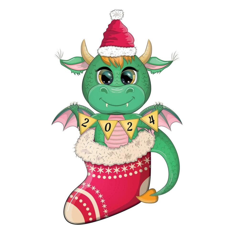 Cute cartoon green dragon in santa hat. 2024 new year, chinese calendar vector