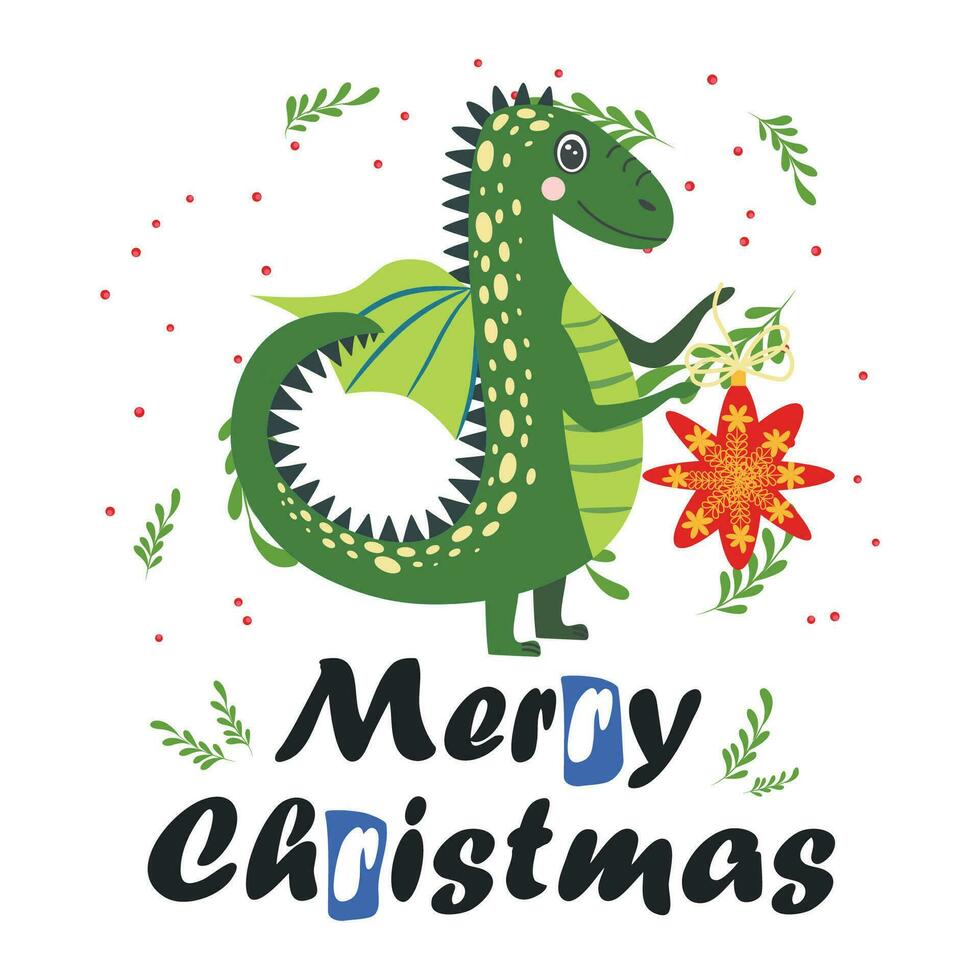 Christmas card with cute green dragon. Year of the Dragon 2024, China vector