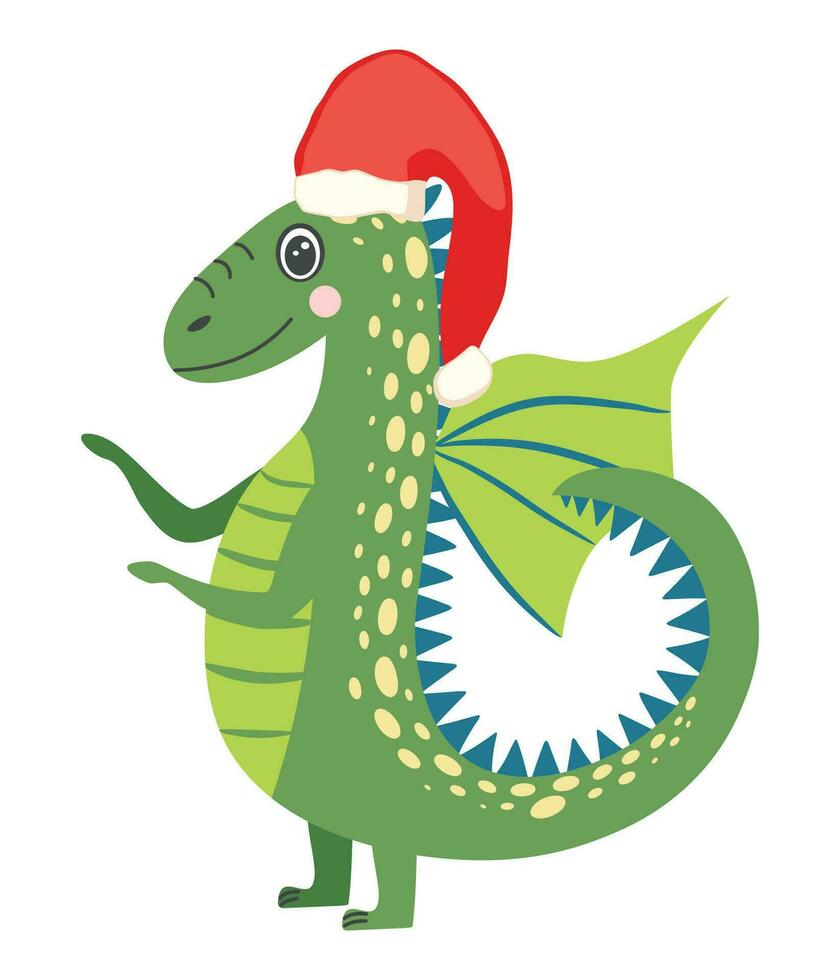 Year of the Dragon 2024, Chinese calendar. Cute green christmas dragon in santa hat vector