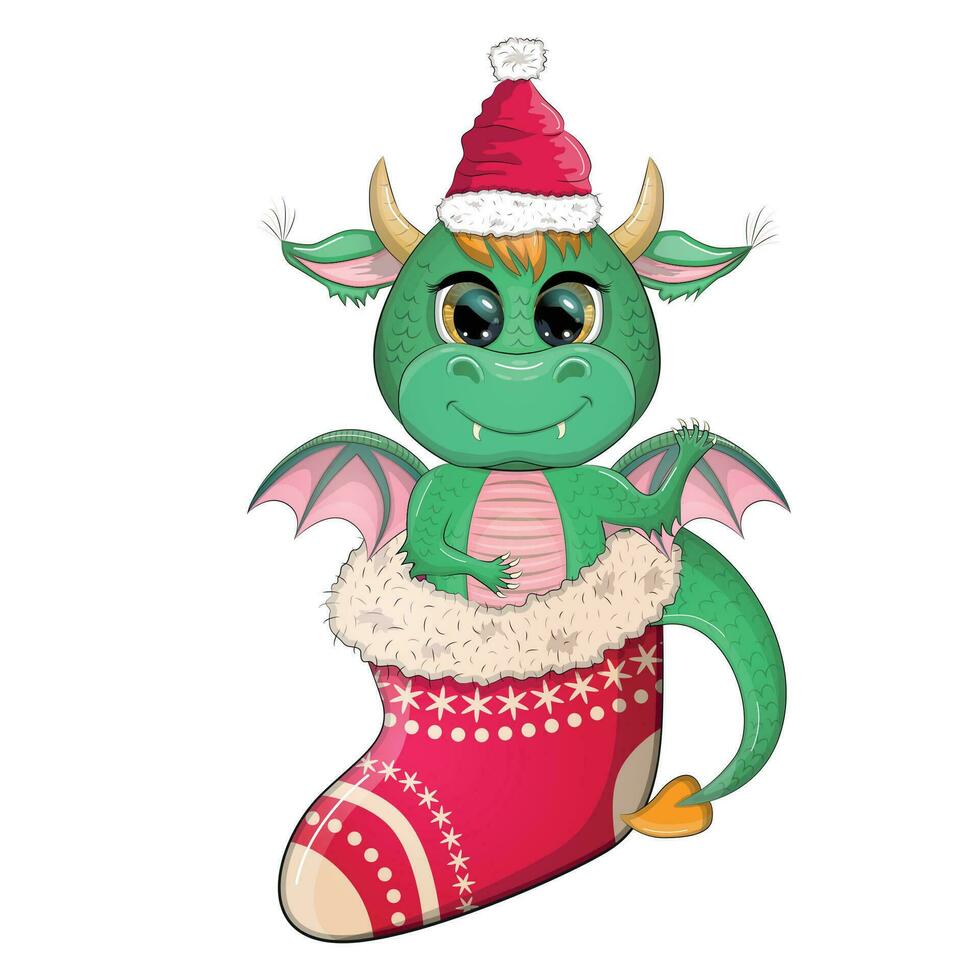 Cute cartoon green dragon in santa hat. 2024 new year, chinese calendar vector