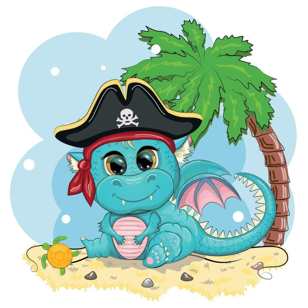 Cute cartoon green dragon pirate in a cocked hat. Symbol of 2024 according to the Chinese calendar. vector