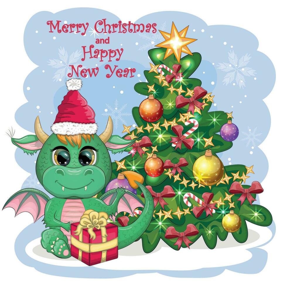A cute cartoon green dragon in a Santa hat holds a red gift and sits next to the Christmas tree. 2024 new year vector