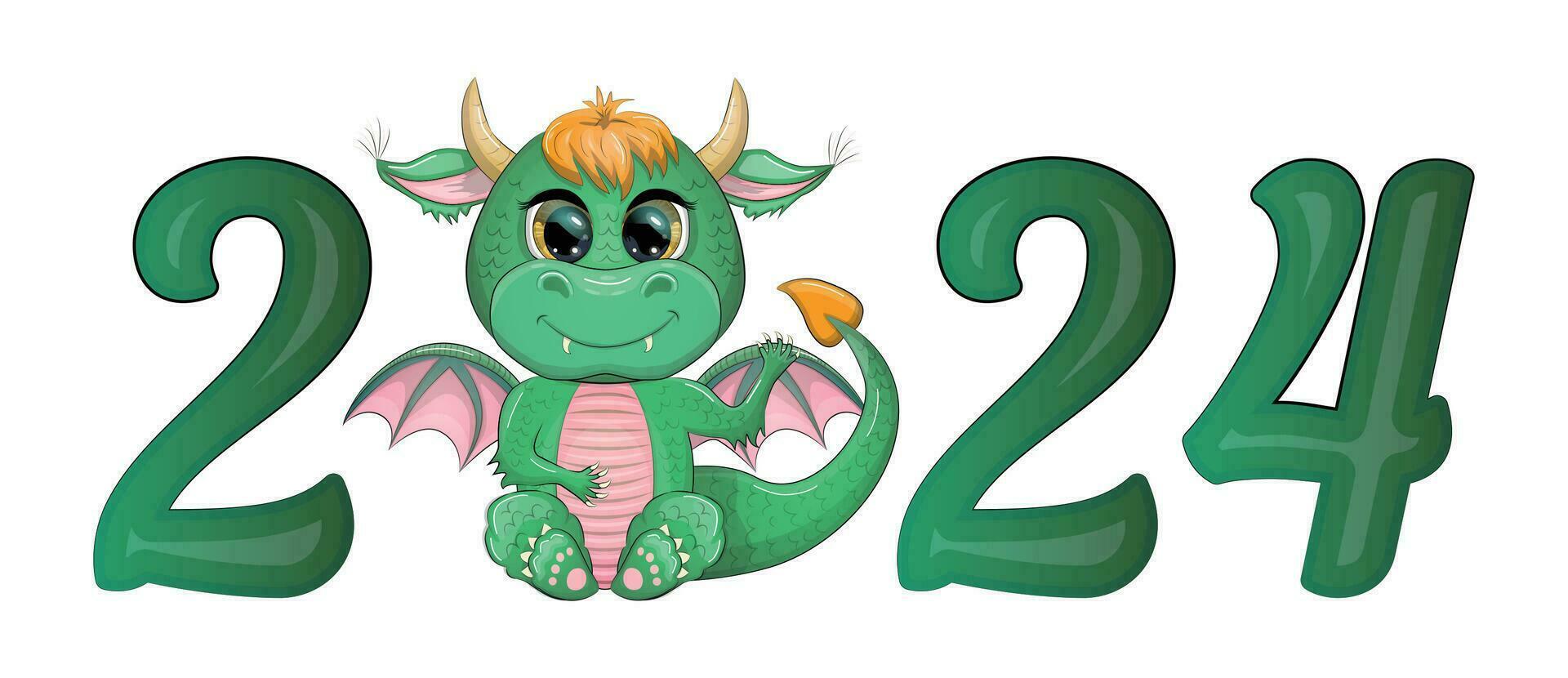 Inscription 2024 new year, according to the Chinese calendar. Green dragon character. vector