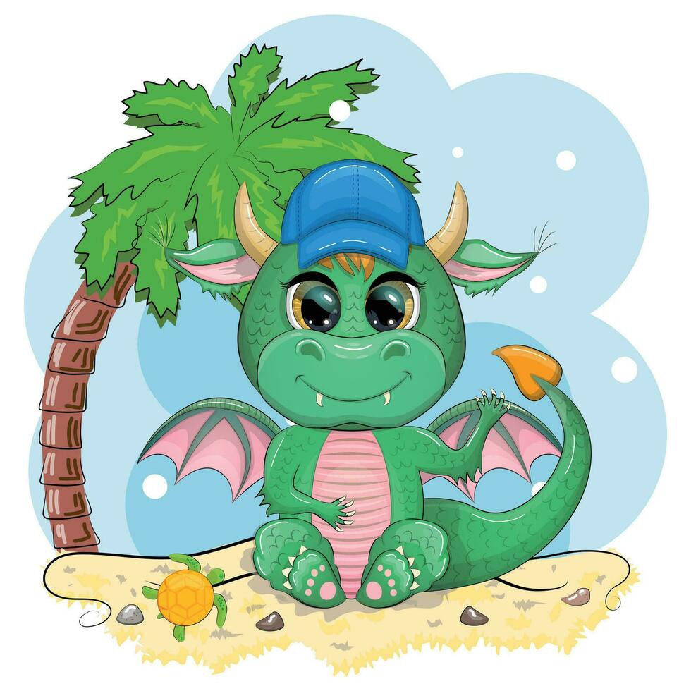 Cute cartoon green baby dragon in a hat on the beach in Hawaii. Symbol of 2024 according to the Chinese calendar vector