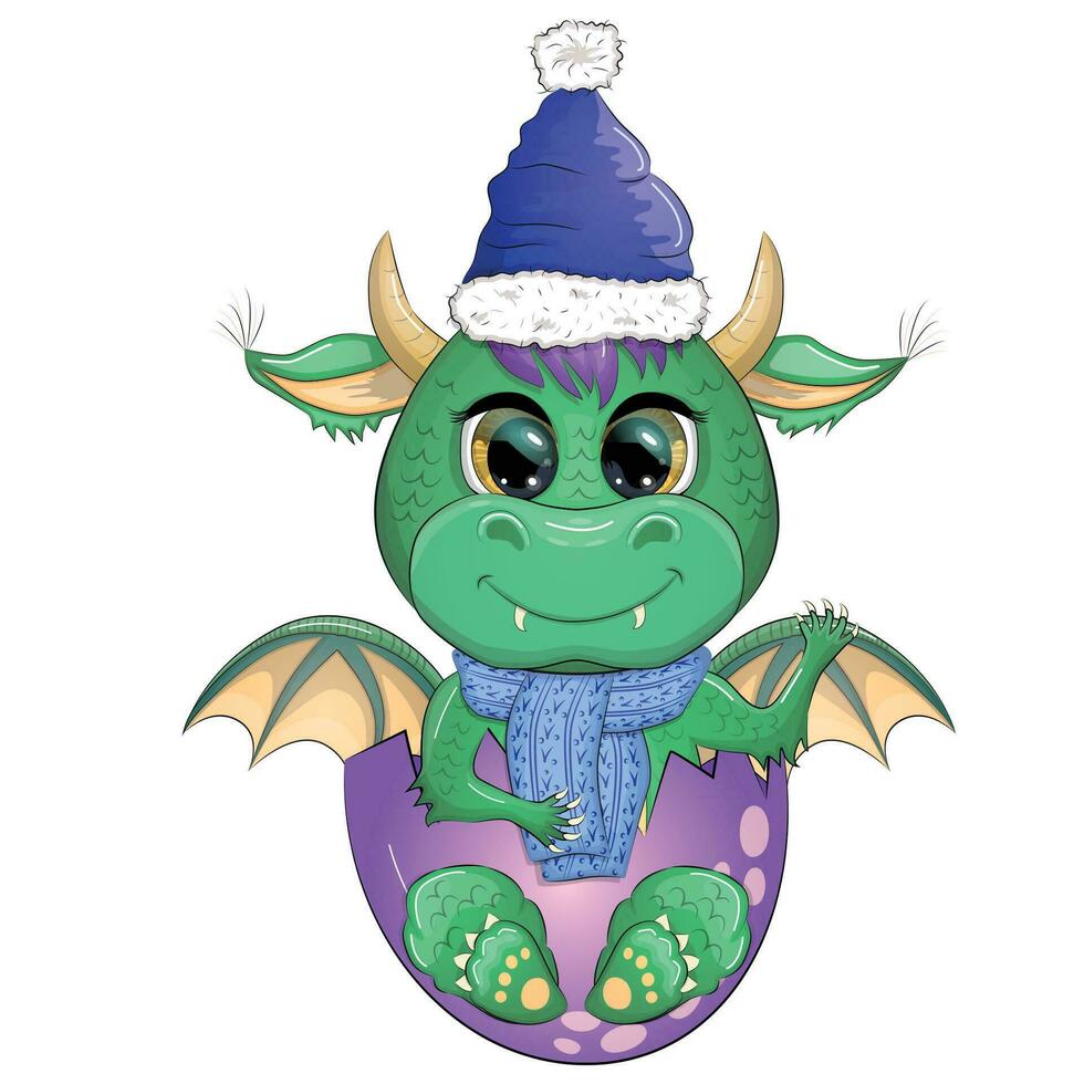 Cute cartoon green dragon in santa hat. 2024 new year, chinese calendar vector