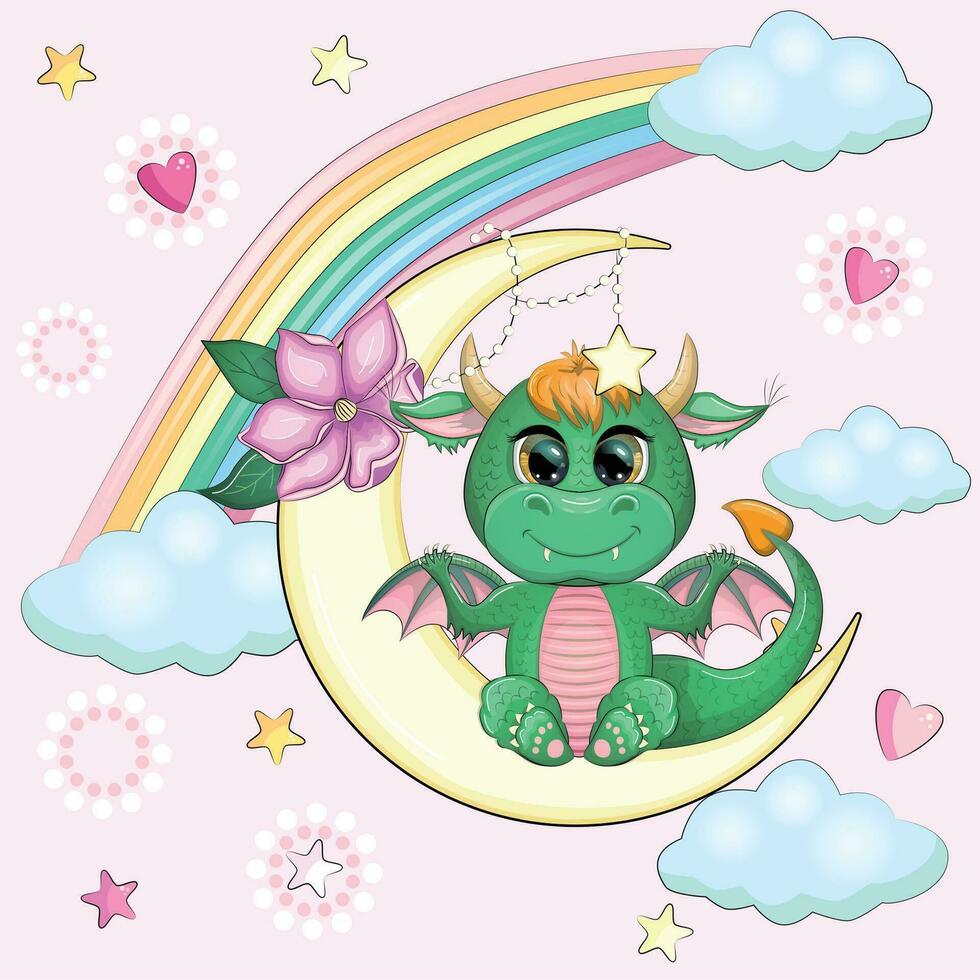 A cute cartoon green dragon sits on the moon. Animal on a dark blue background with clouds and stars. Year 2024 Chinese calendar vector