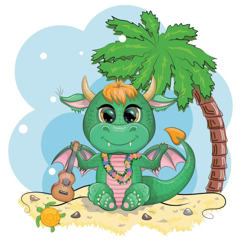 Cute cartoon green baby dragon with ukulele on the beach. Symbol of 2024 according to the Chinese calendar vector
