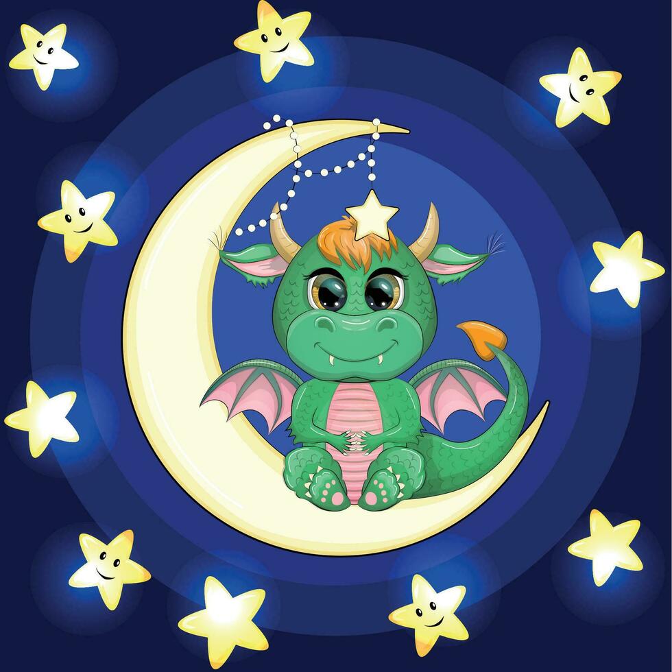 A cute cartoon green dragon sits on the moon. Animal on a dark blue background with clouds and stars. Year 2024 Chinese calendar vector