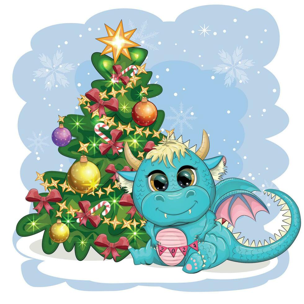 A cute cartoon green dragon in a Santa hat holds a red gift and sits next to the Christmas tree. 2024 new year vector
