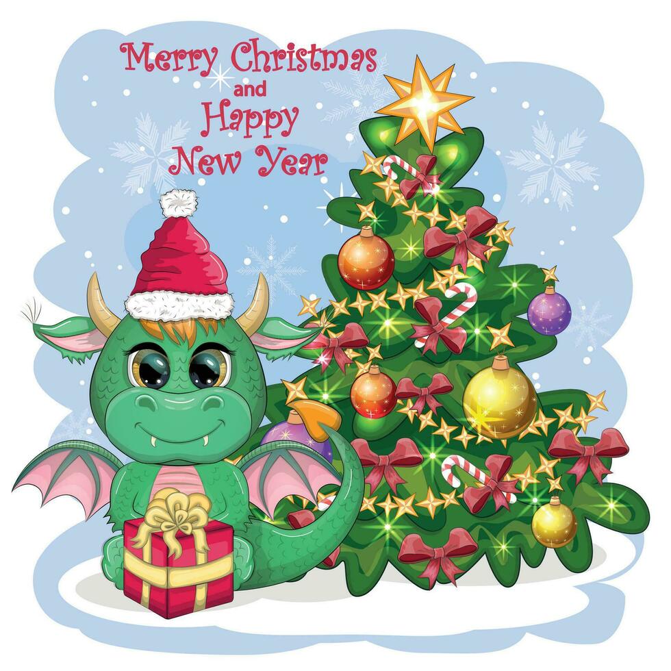 A cute cartoon green dragon in a Santa hat holds a red gift and sits next to the Christmas tree. 2024 new year vector