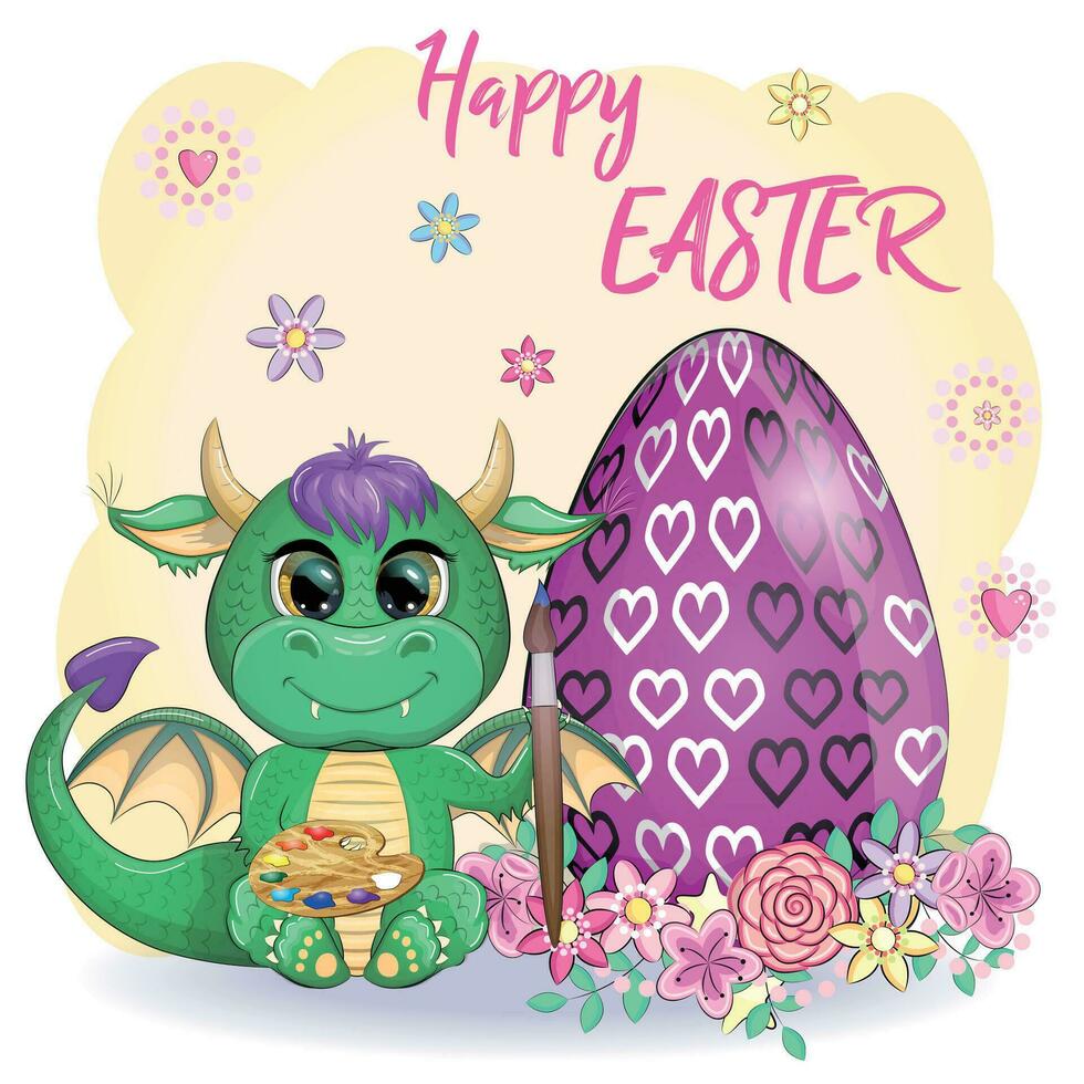 Cute cartoon green baby dragon with an easter egg. Symbol of 2024 according to the Chinese calendar vector