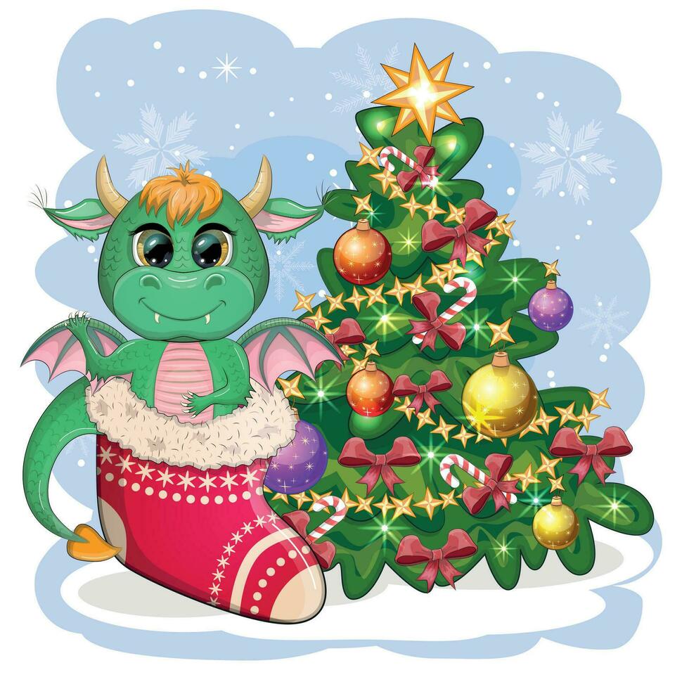 A cute cartoon green dragon in a Santa hat holds a red gift and sits next to the Christmas tree. 2024 new year vector