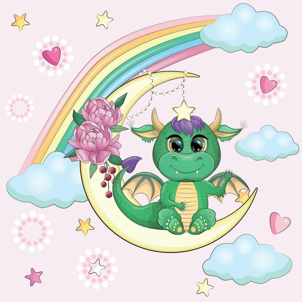 A cute cartoon green dragon sits on the moon. Animal on a dark blue background with clouds and stars. Year 2024 Chinese calendar vector