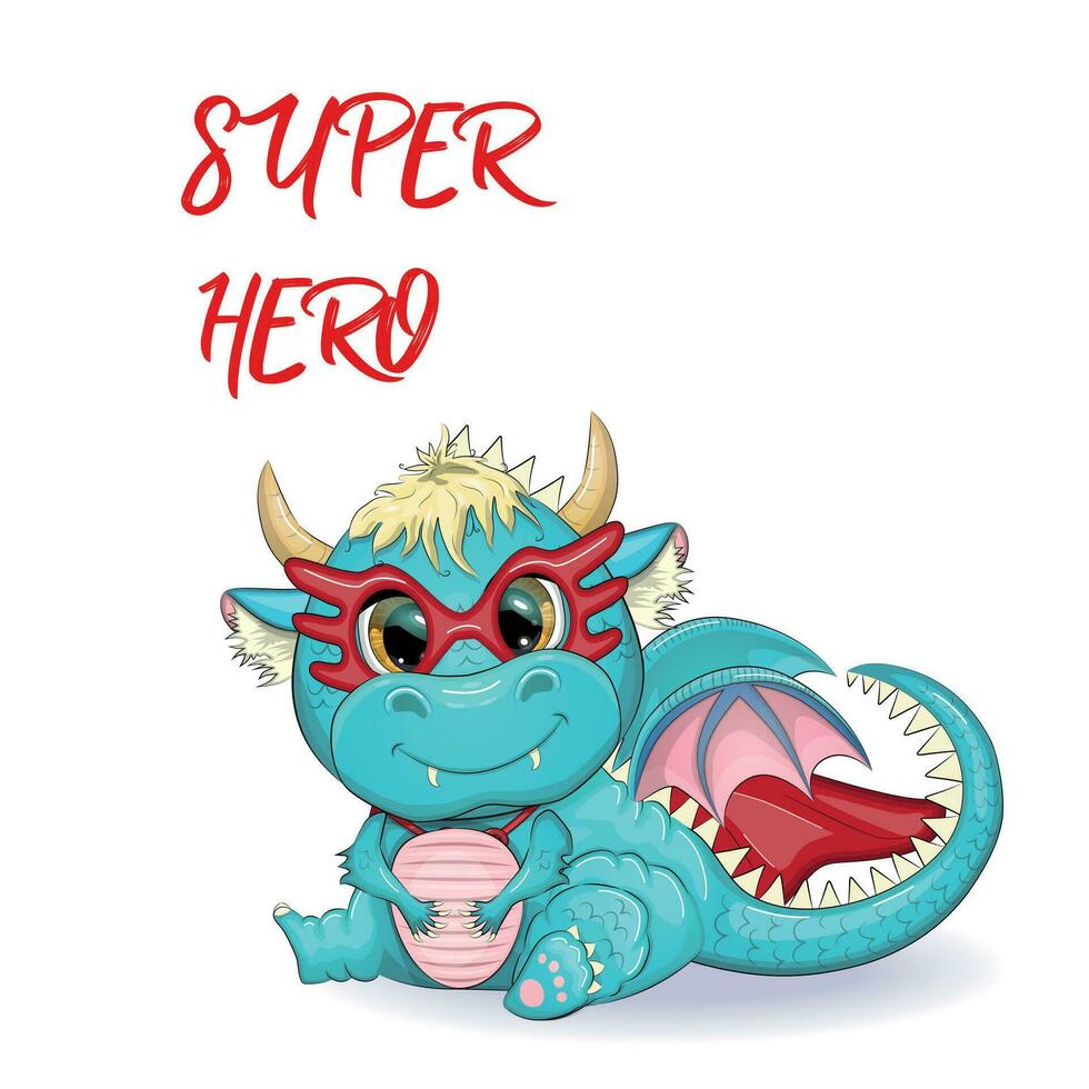 Cute cartoon green baby dragon in a red cape, super hero savior. Symbol of 2024 according to the Chinese calendar. vector