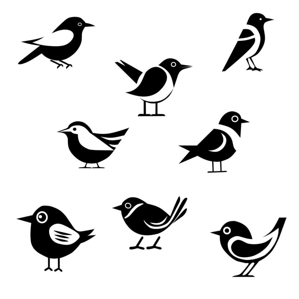Collection of eight black and white vector logos of birds on a white background