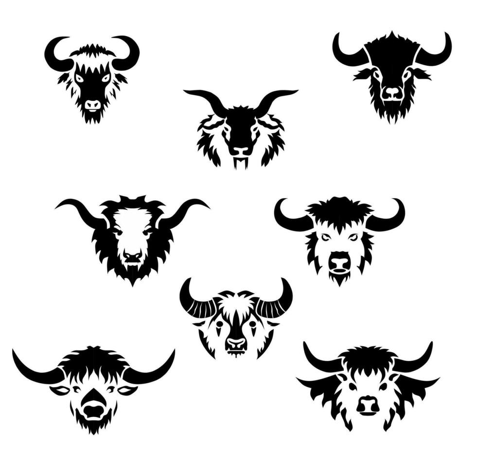 A collection of eight bull black and white vector logos on a white background