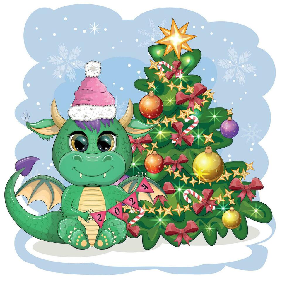 A cute cartoon green dragon in a Santa hat holds a banner and sits next to the Christmas tree. 2024 new year vector