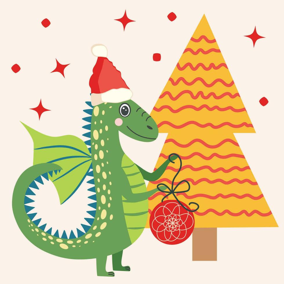 Christmas card with cute green dragon. Year of the Dragon 2024, China vector