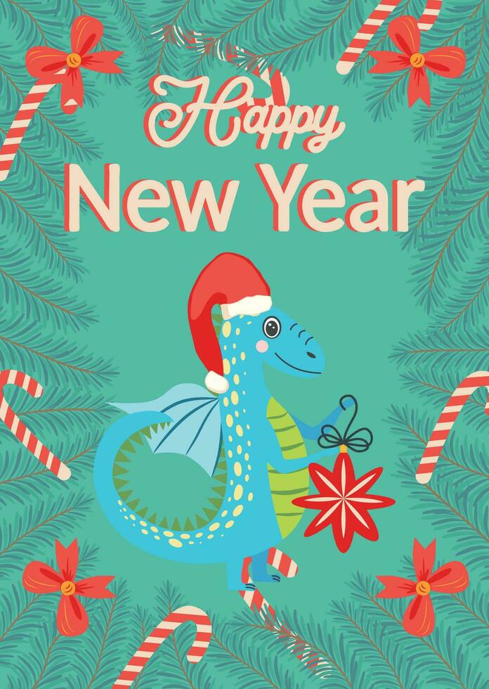 Christmas card with cute green dragon. Year of the Dragon 2024, China vector