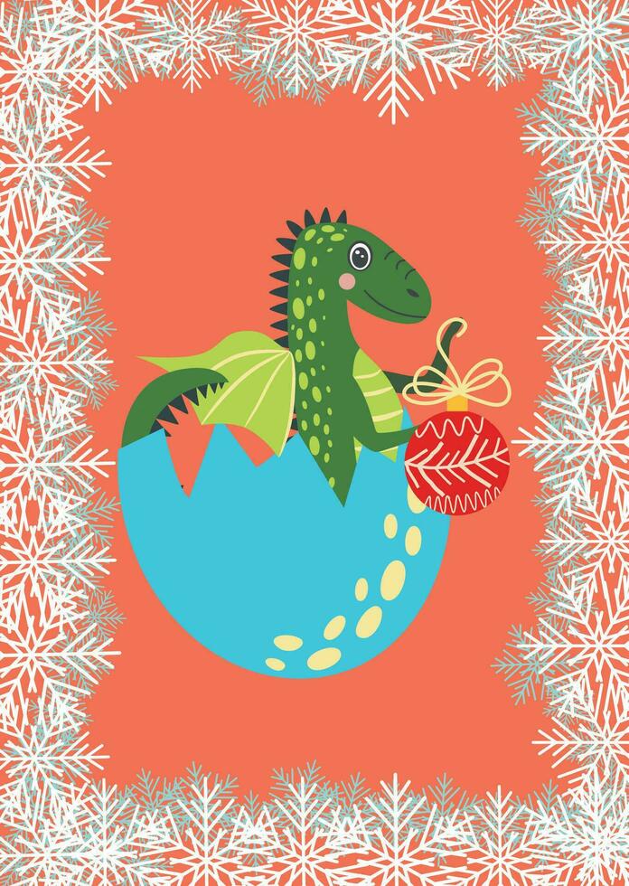 Christmas card with cute green dragon. Year of the Dragon 2024, China vector