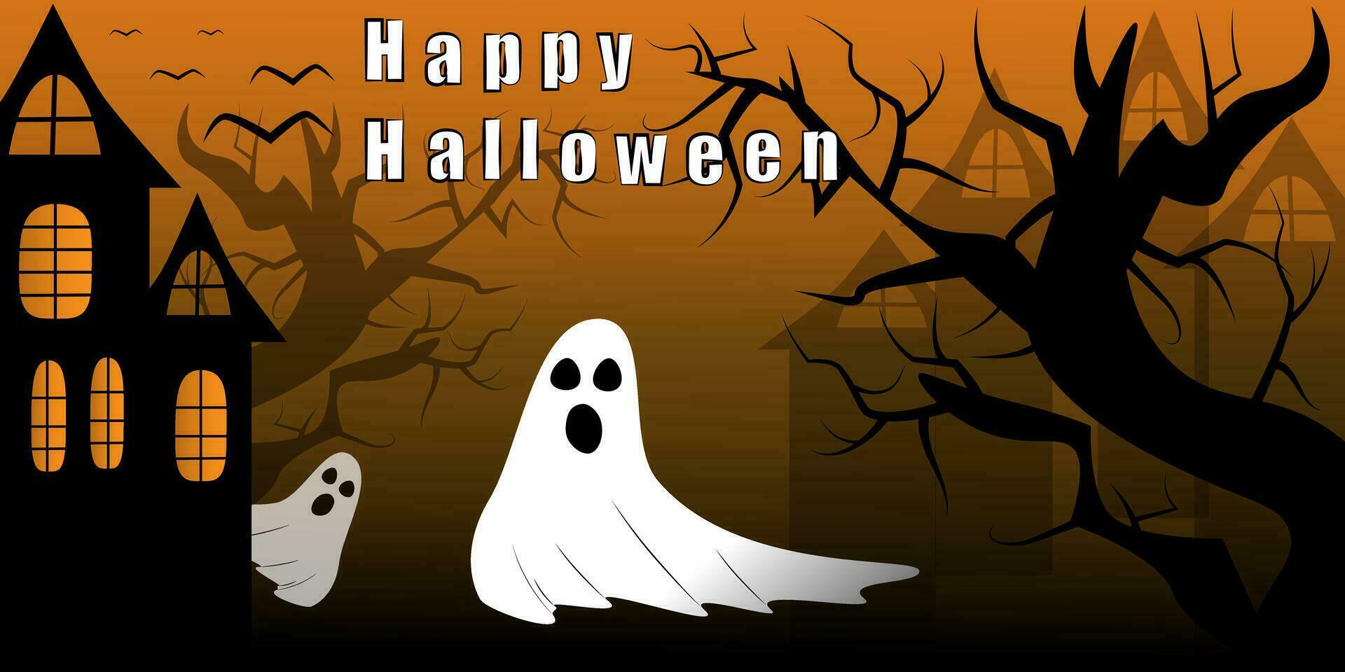 Happy halloween night horror orange background ghost castle tree shadow cheer vector eps10