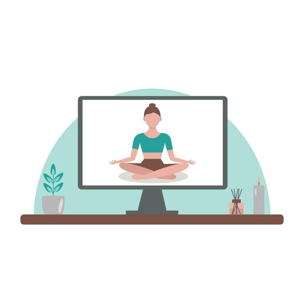 Yoga online. Young girl in lotus position. Vector illustration in flat style.