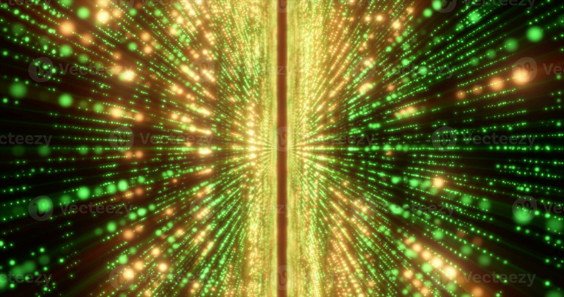 Abstract green energy hi-tech lines and digital particles fly in a tunnel with bokeh effect glowing background photo