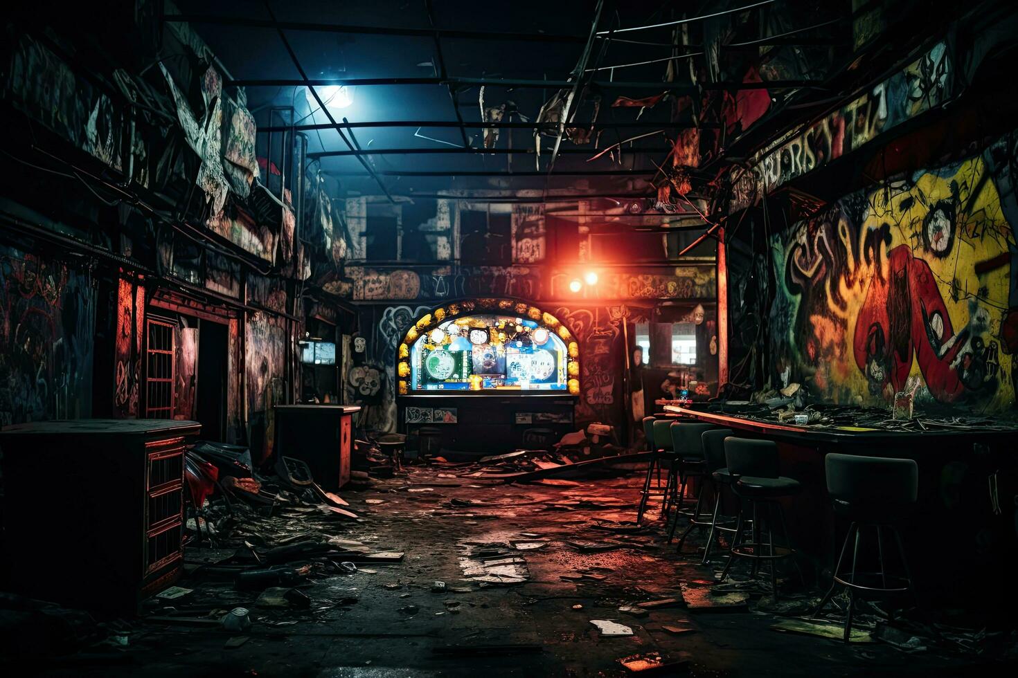 Abandoned factory interior at night with neon lights and graffiti. A vivid haunting image of an abandoned nightclub. Dark, graffiti-covered walls frame the dimly lit space, AI Generated photo