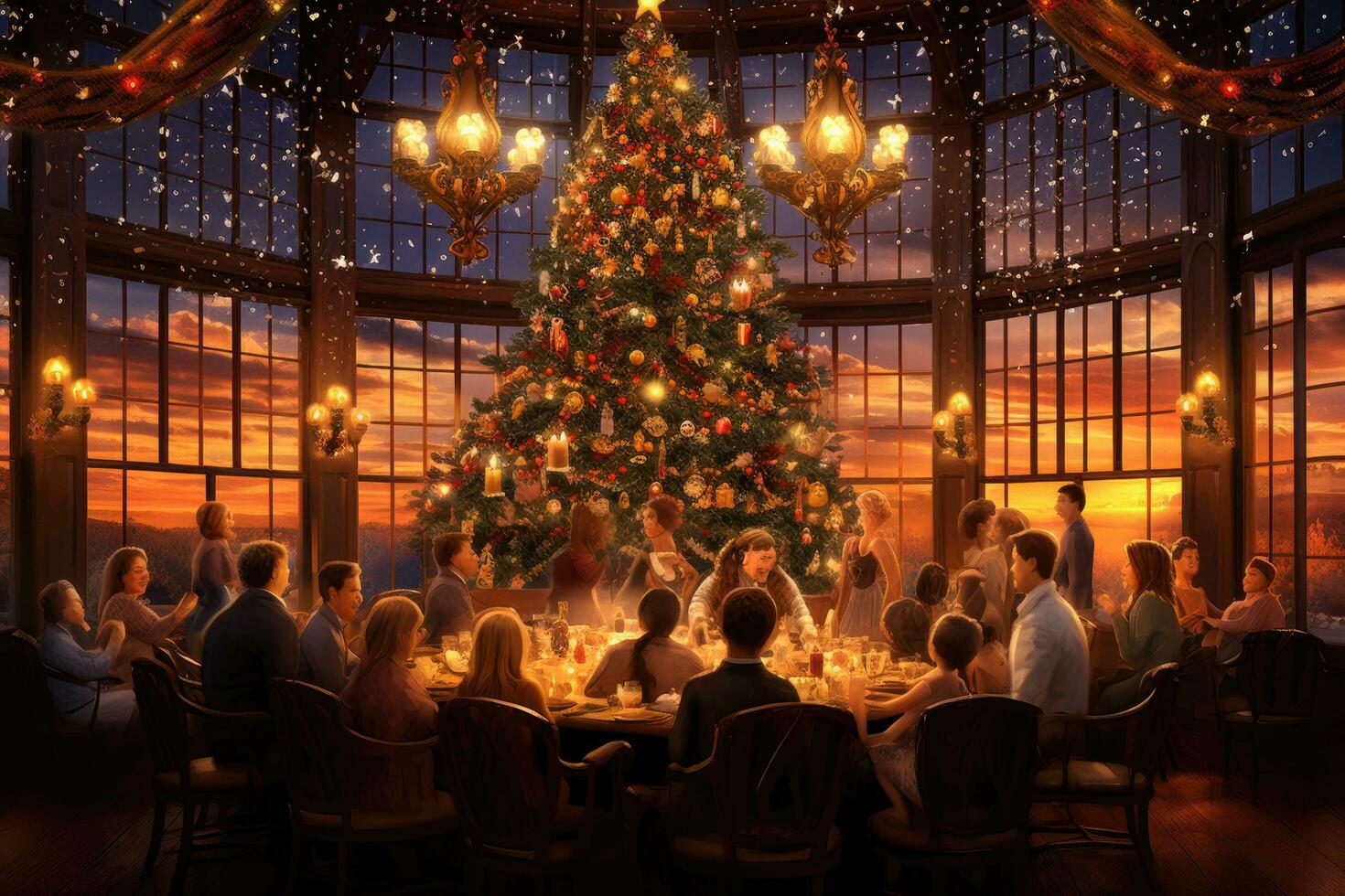 grupo de personas teniendo cena en un restaurante con Navidad árbol en el fondo, familia reunido para Navidad cena. revestido en tradicional atuendo, ai generado foto