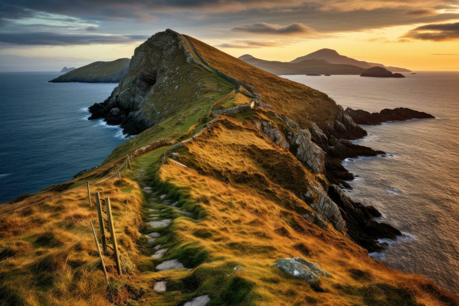 Stunning sunset landscape image of Dingle Peninsula, County Kerry, Ireland, valentia island in the ring of kerry in the south west coast of ireland during an autumn sunset, AI Generated photo
