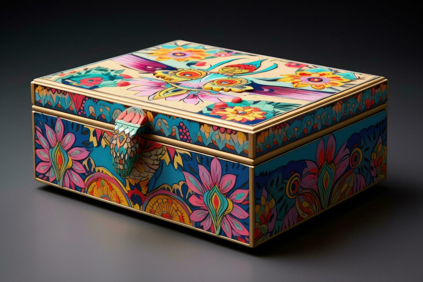 Wooden box with floral ornament on black background. 3d illustration, beautiful and imaginative gift box, containing a stunning array of colorful, imaginative decorations, AI Generated photo