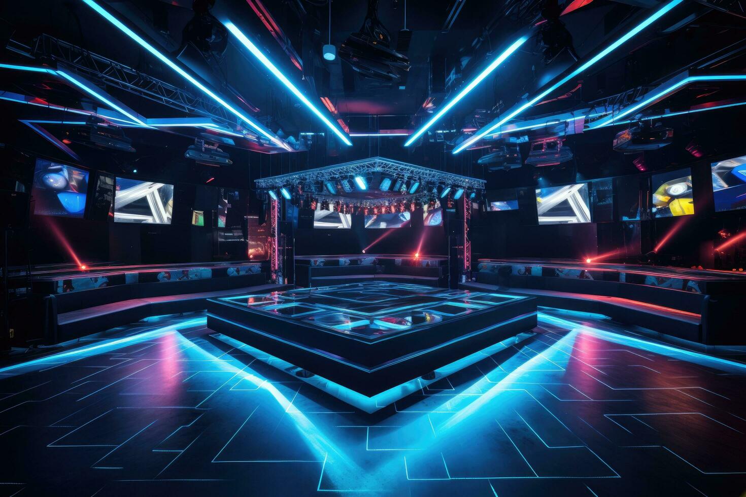 3D rendering of a futuristic dark room with neon lights. Futuristic background, A stylish modern nightclub setting with a sleek mode, AI Generated photo