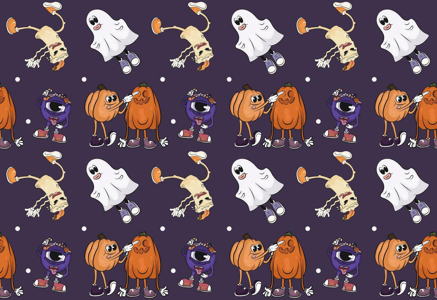Halloween pattern, seamless pattern with Halloween groovy characters. Ghosts, pumpkins, running candle, bowl with sweets, eye on a purple background. vector