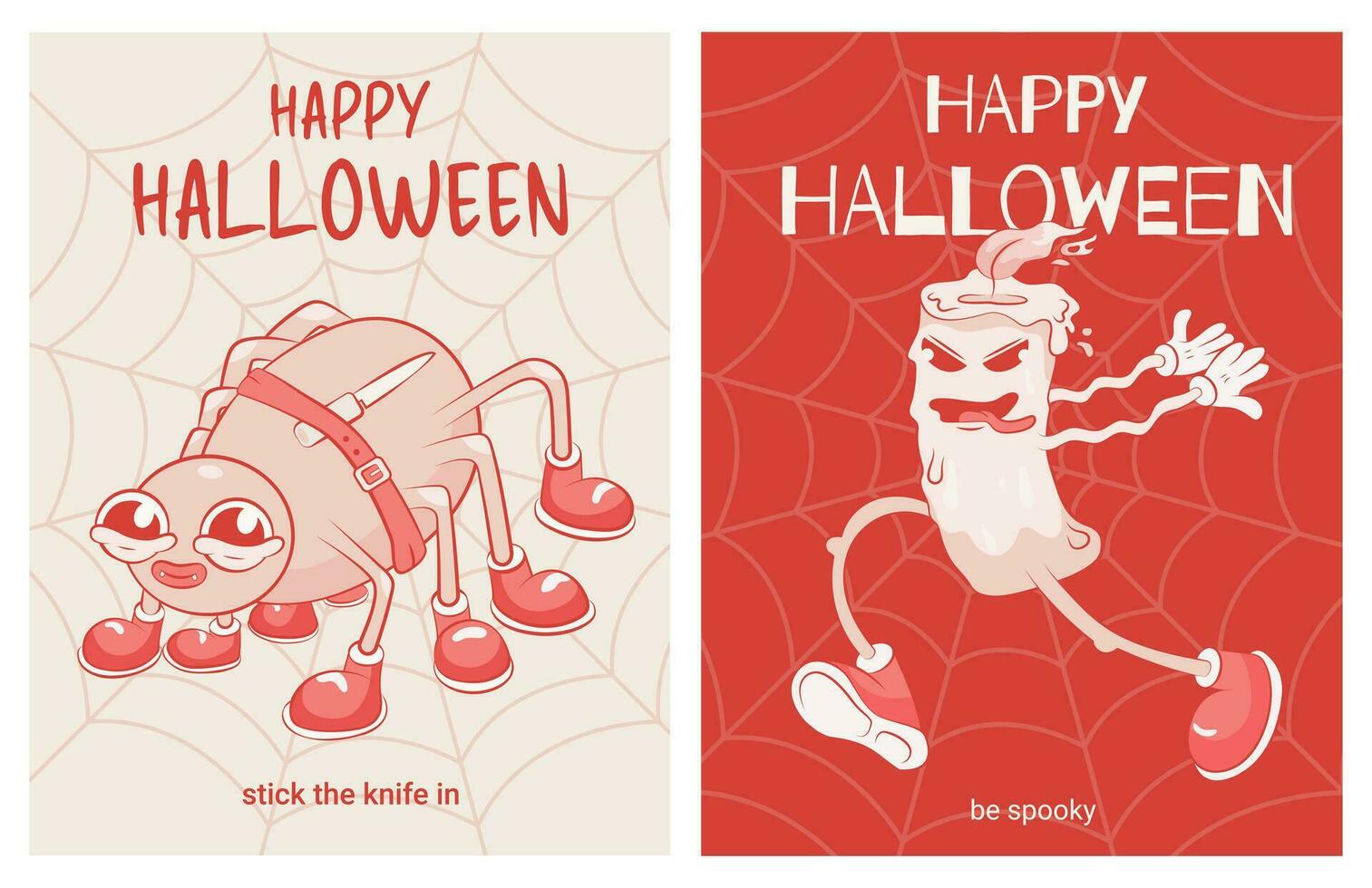 A set of postcards in retro style a running candle and a spider with a spider web. Halloween cards. Red and white, cartoon style, groovy style. Retro style. Vector illustration