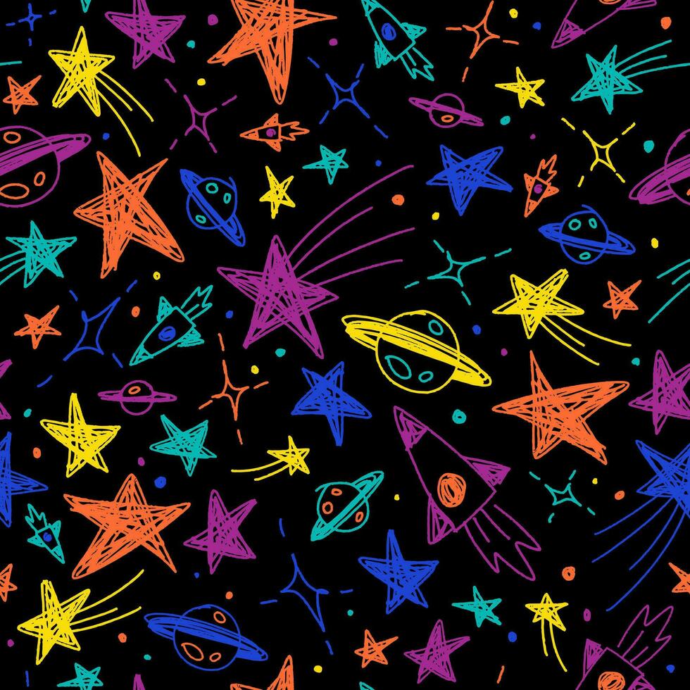 Cute Confetti Star Galaxy Space Night Sky Meteor Shooting Star Planet Saturn Rocket. Sprinkle Sparkle Shine. Doodle Scribble Sketch Brush Pen Ink. Abstract Color Seamless Pattern Black Background. vector