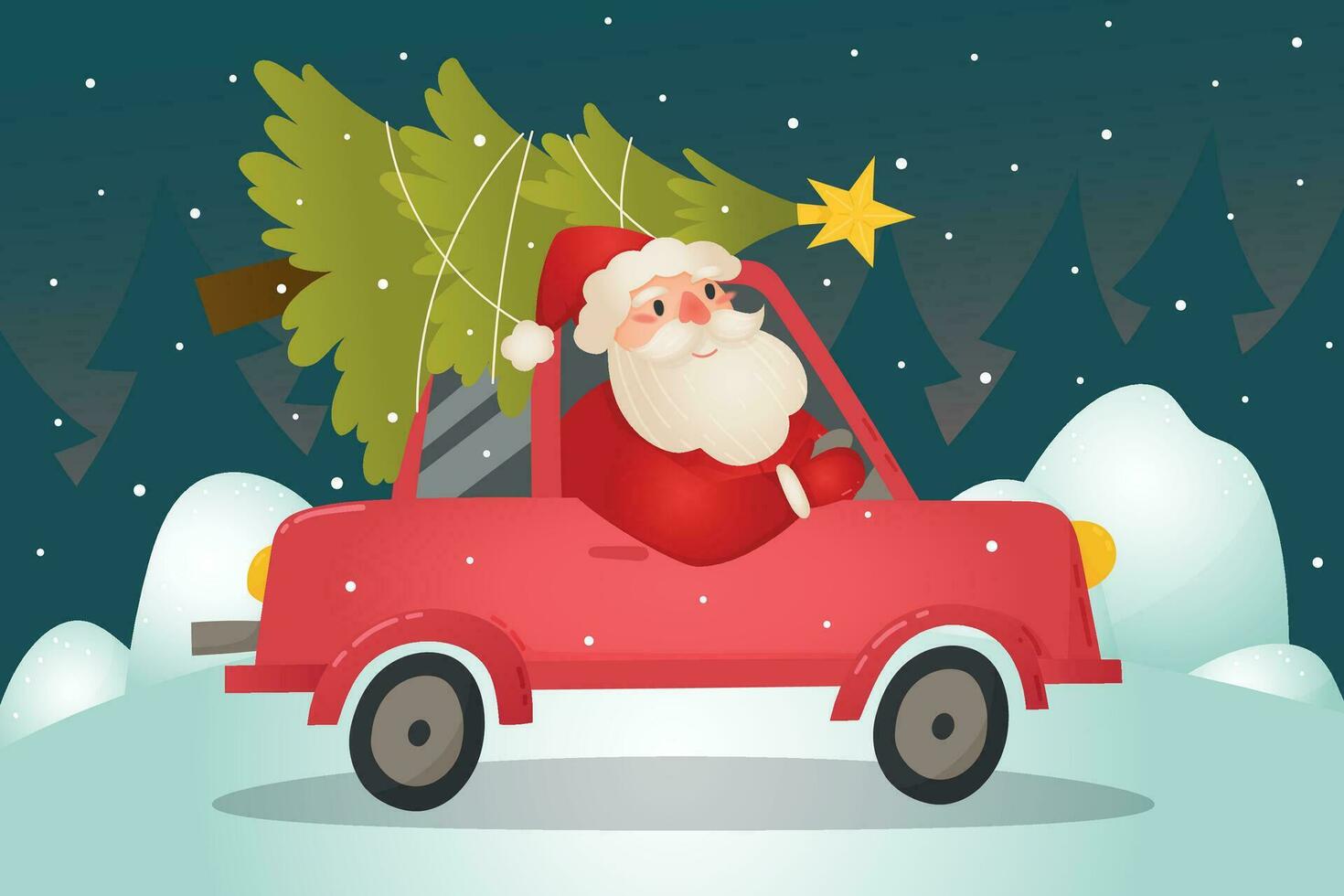 Santa Claus in red car carries Christmas tree at night. Xmas design. Winter vector illustration