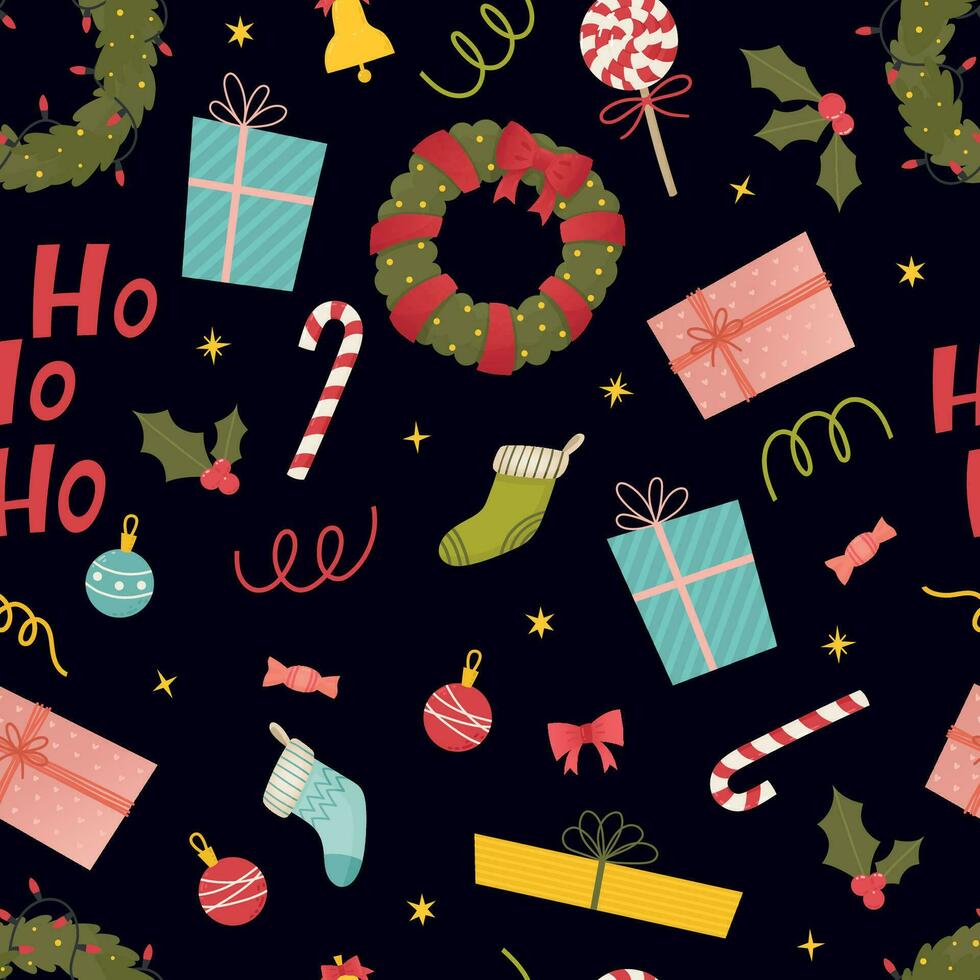 Christmas seamless pattern. Xmas festive background with wreaths, gift boxes, socks, ho-ho-ho, holly, bell, candies, balls vector