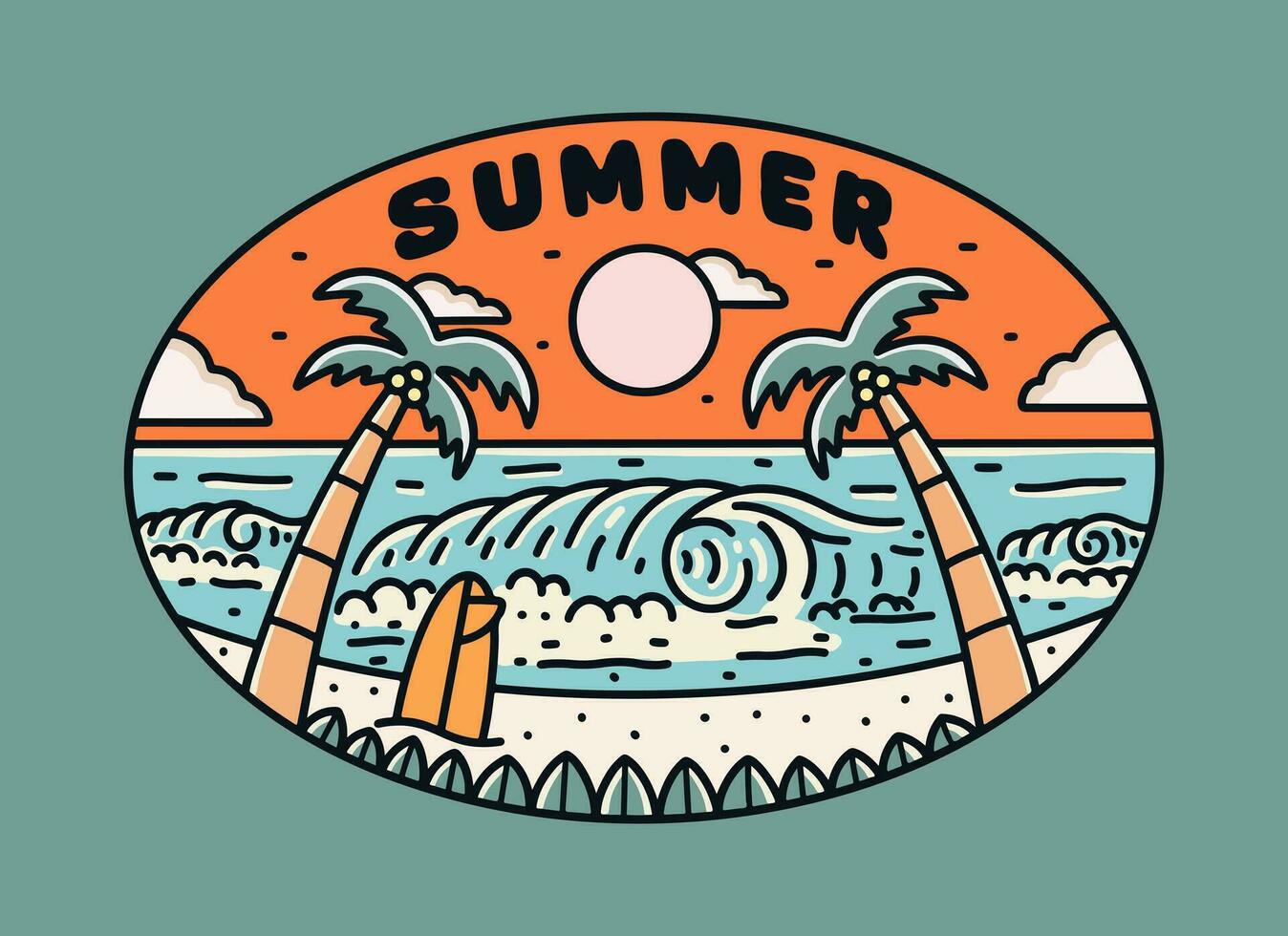 Summer vibes with the twin coconut and surfboard design for t-shirt, badge, sticker, etc  vector illustration
