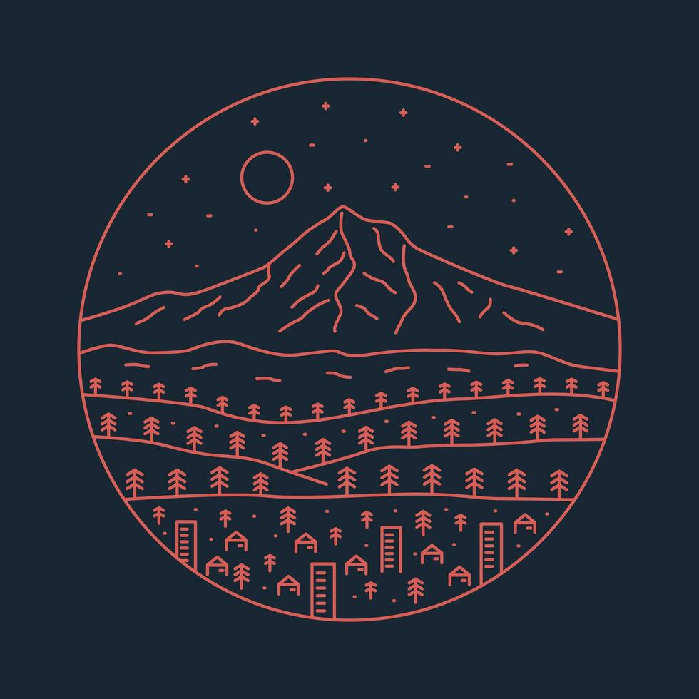Portland Oregón y el monte capucha en el trasero en mono línea vector ilustración
